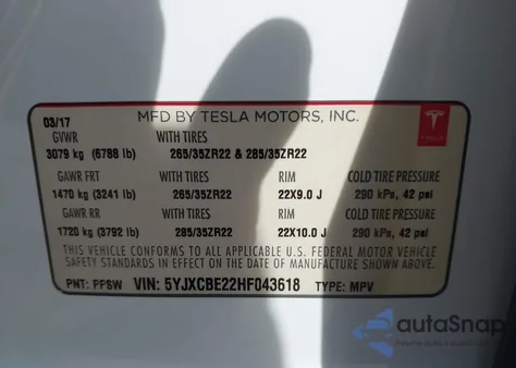 2017 Tesla Model X 100D/75D/90D z USA, uszkodzony, nr VIN 5YJXCBE22HF043618